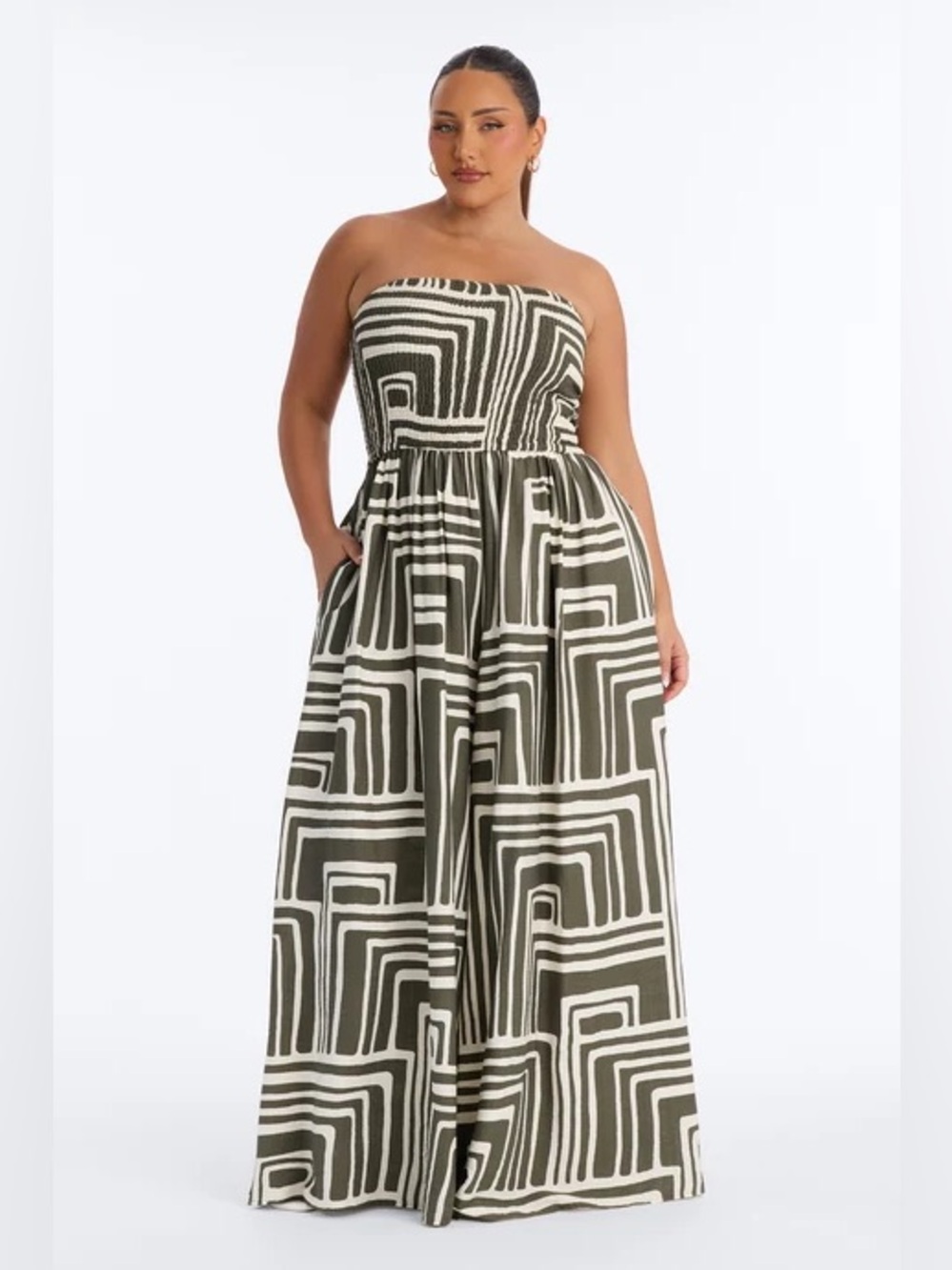 Fashion Nova Olive & White Strapless Jumpsuit Romper